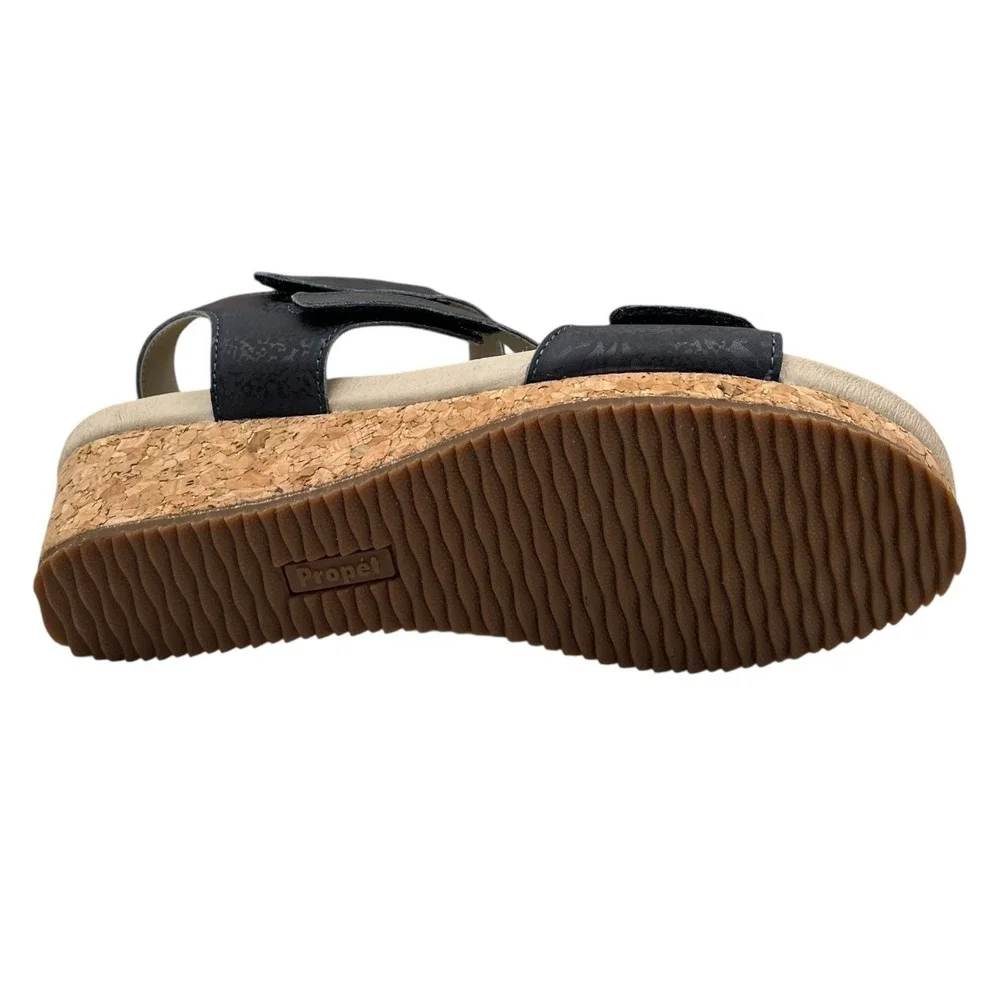 Propet Women's Millie Wedge Leather Sandal Size 9.5 WIDE WIDTH Navy Blue Tan - Picture 10 of 12